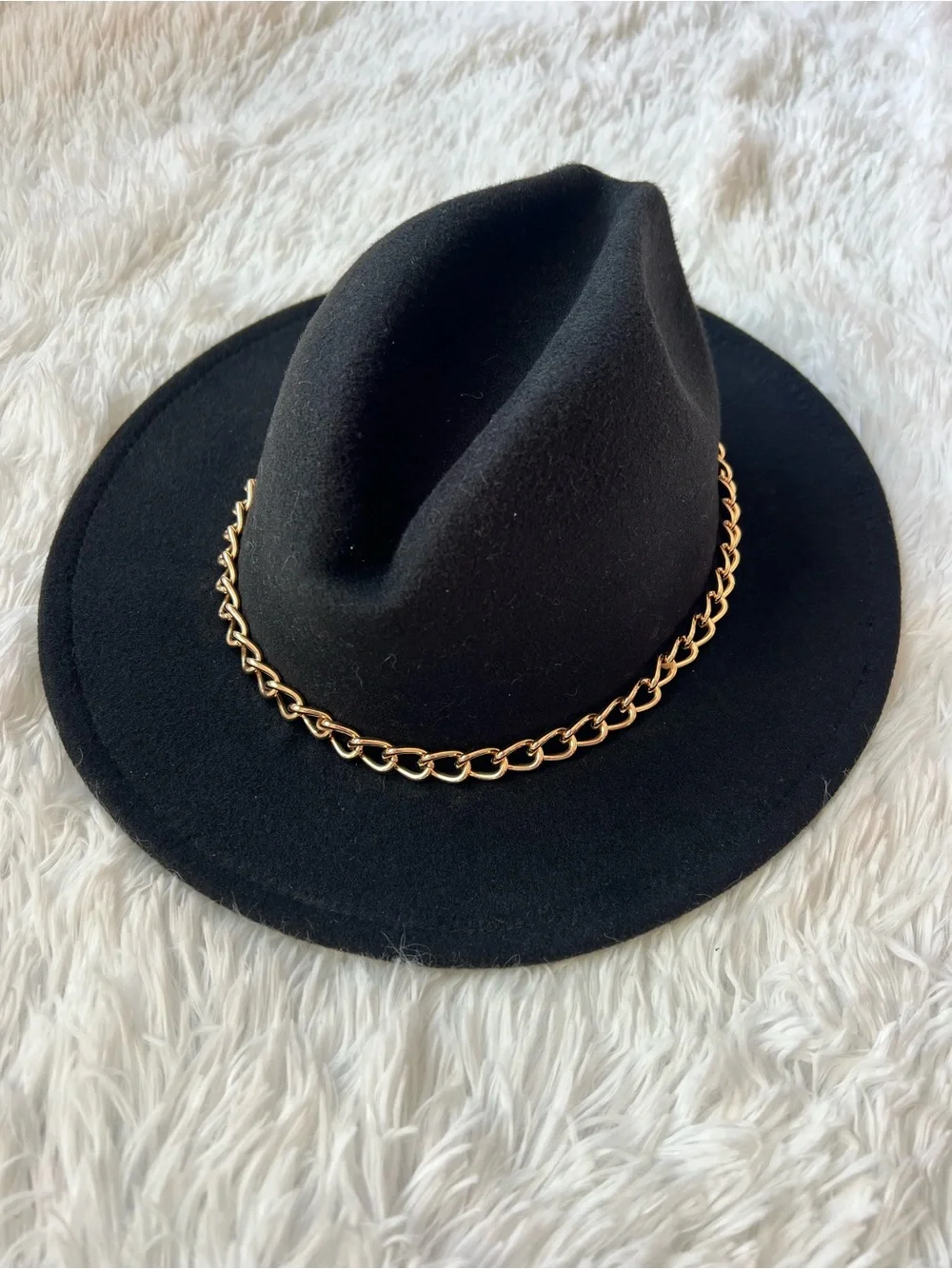 Juicy Couture Black Felt Fedora with Gold Chain Accent